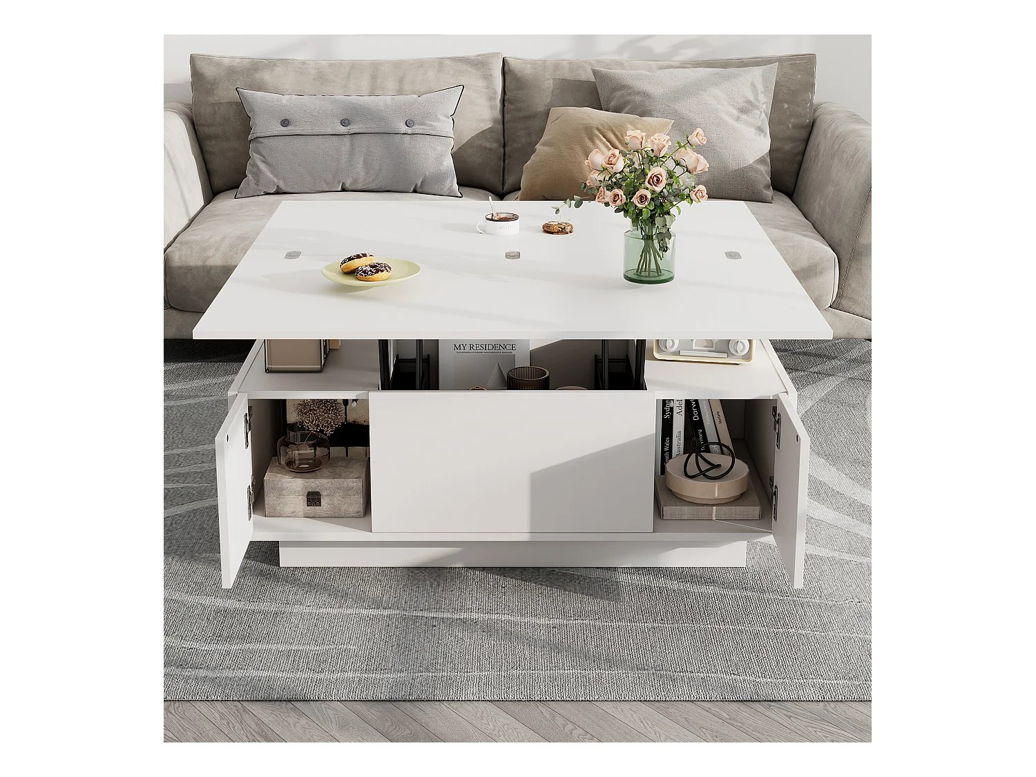 Table basse avec plateau relevable double - Table basse à 2 portes - rangement dissimulé - blanc