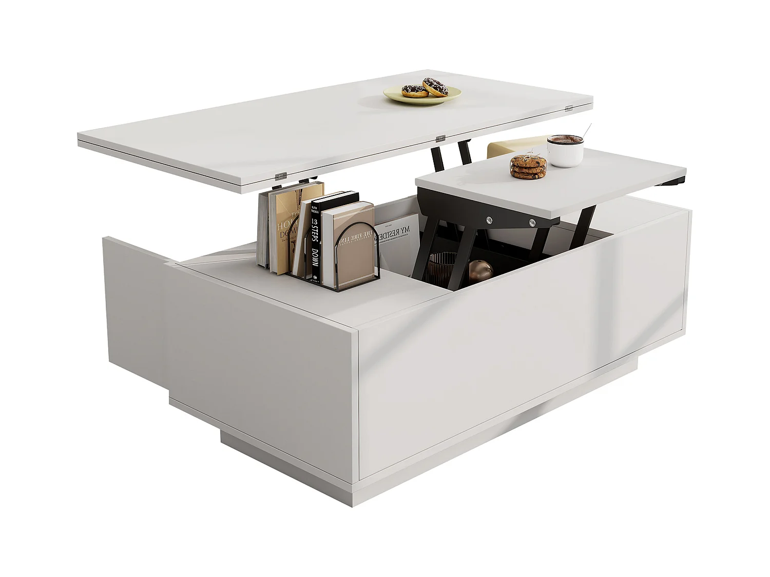 Table basse avec plateau relevable double - Table basse à 2 portes - rangement dissimulé - blanc