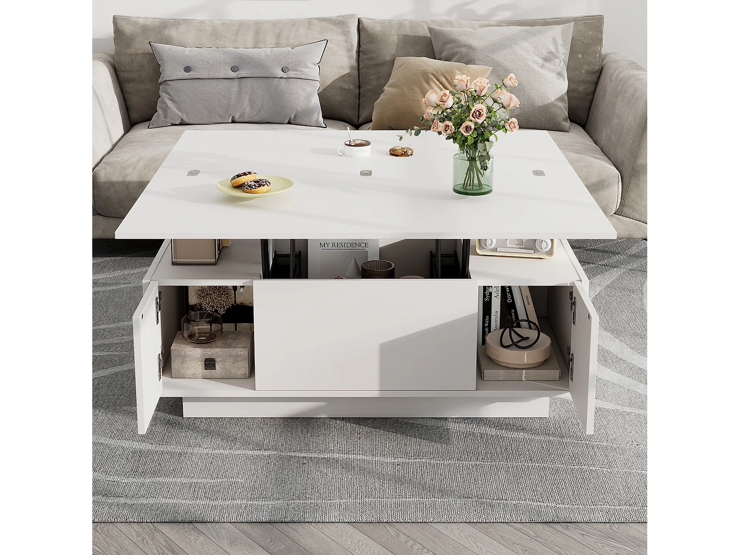Table basse avec plateau relevable double - Table basse à 2 portes - rangement dissimulé - blanc