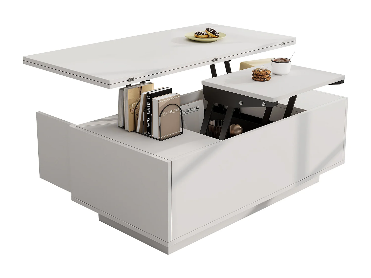 Table basse avec plateau relevable double - Table basse à 2 portes - rangement dissimulé - blanc