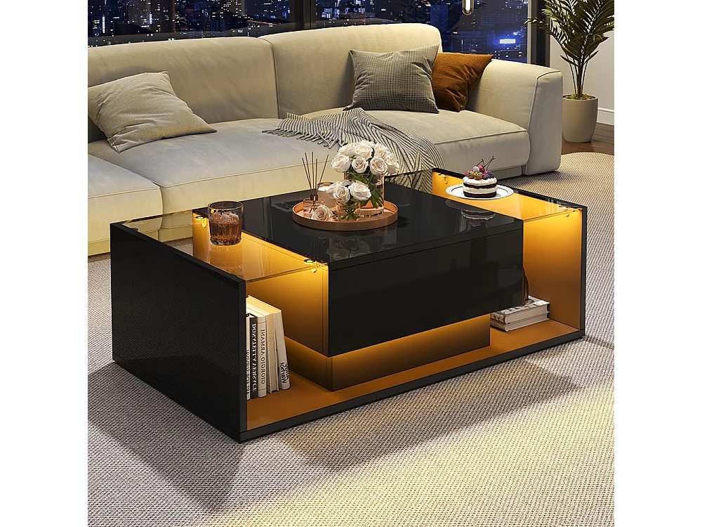 Table basse 1 tiroir LED bande lumineuse verre trempé brillante design minimaliste noir