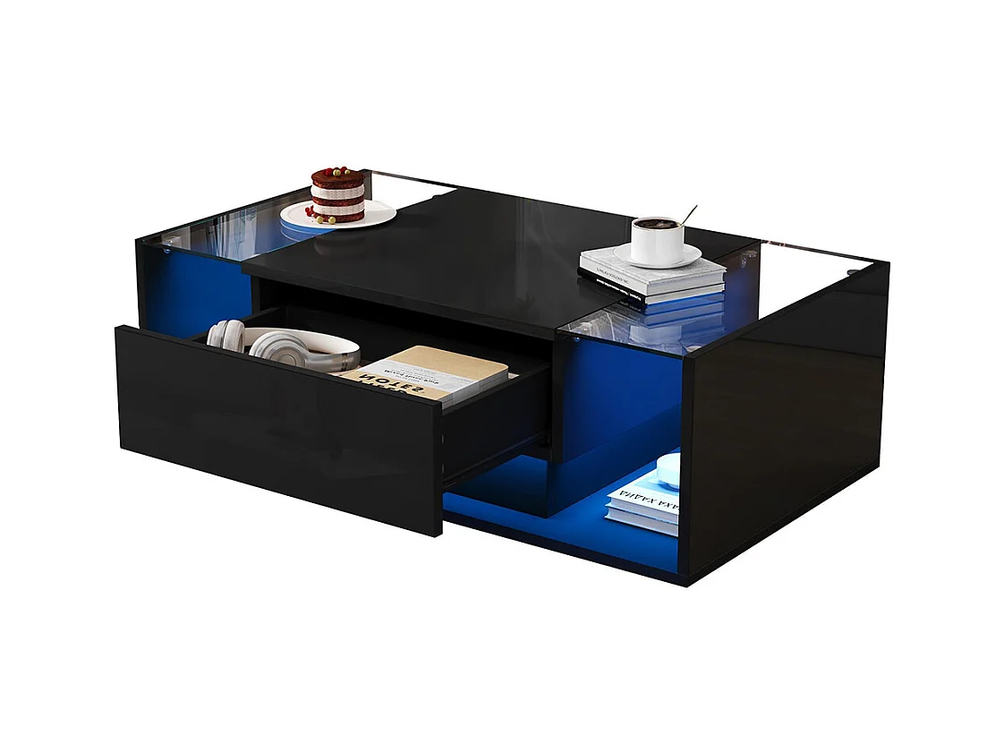 Table basse 1 tiroir LED bande lumineuse verre trempé brillante design minimaliste noir