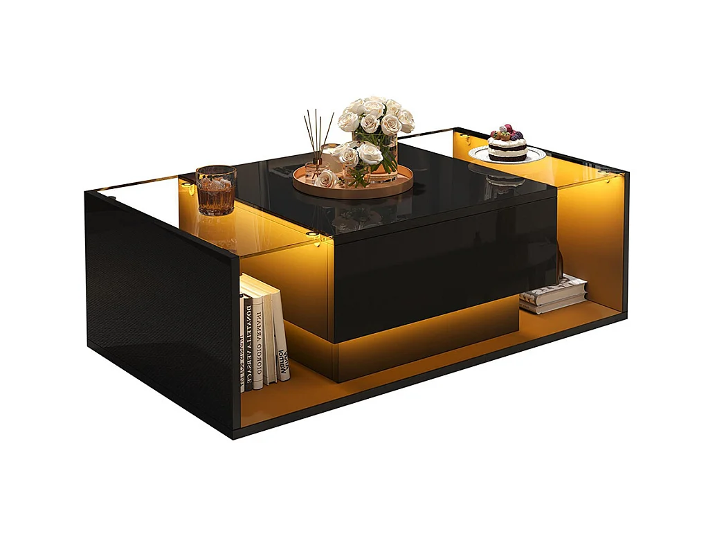 Table basse 1 tiroir LED bande lumineuse verre trempé brillante design minimaliste noir