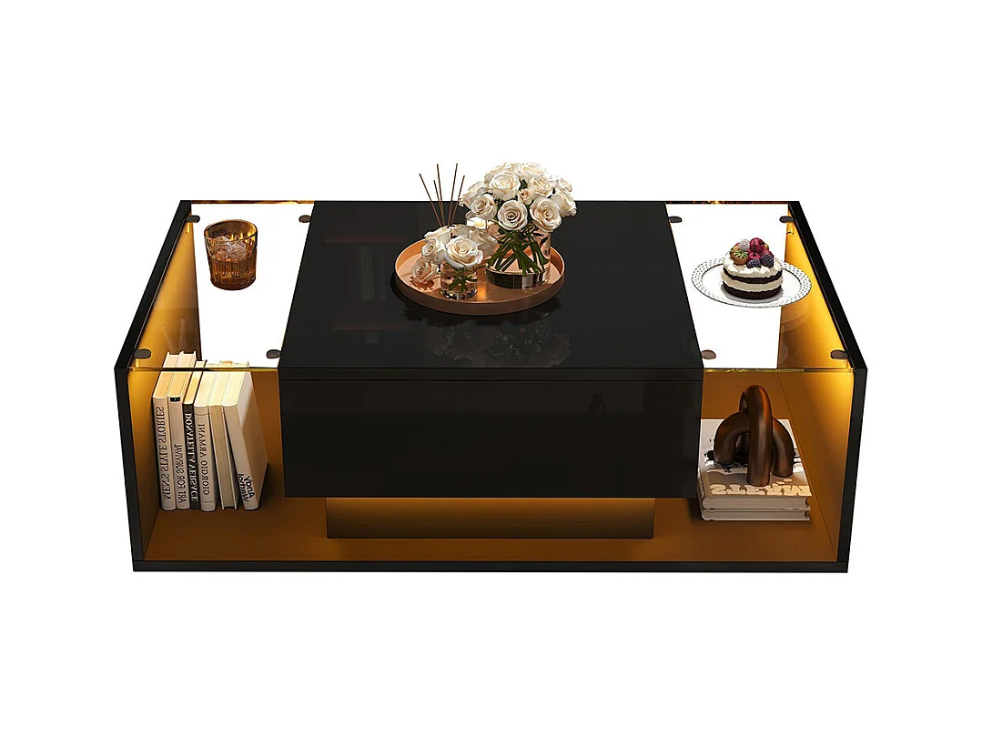 Table basse 1 tiroir LED bande lumineuse verre trempé brillante design minimaliste noir