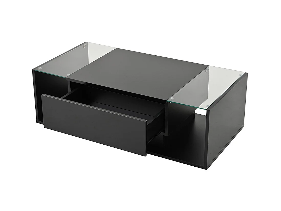 Table basse 1 tiroir LED bande lumineuse verre trempé brillante design minimaliste noir