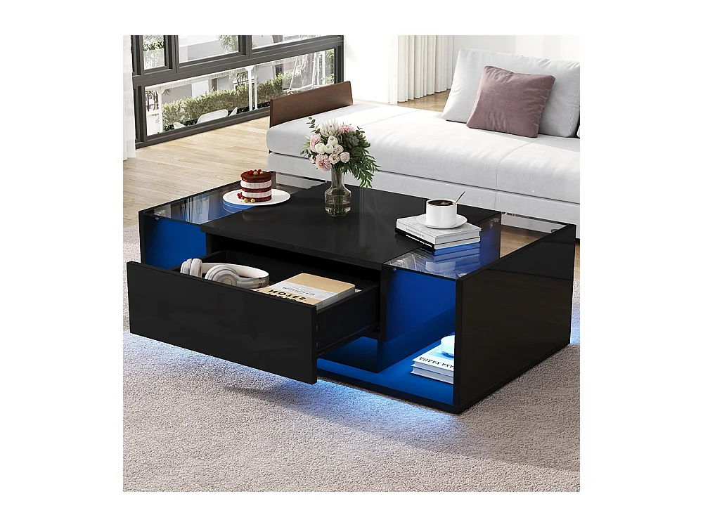 Table basse 1 tiroir LED bande lumineuse verre trempé brillante design minimaliste noir