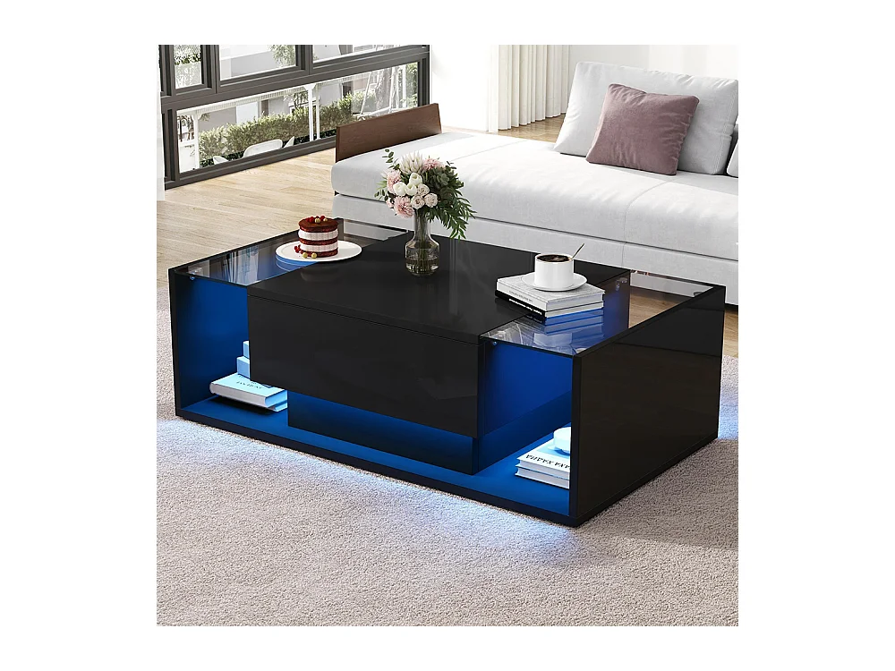 Table basse 1 tiroir LED bande lumineuse verre trempé brillante design minimaliste noir