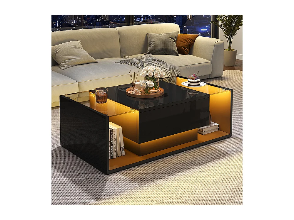Table basse 1 tiroir LED bande lumineuse verre trempé brillante design minimaliste noir