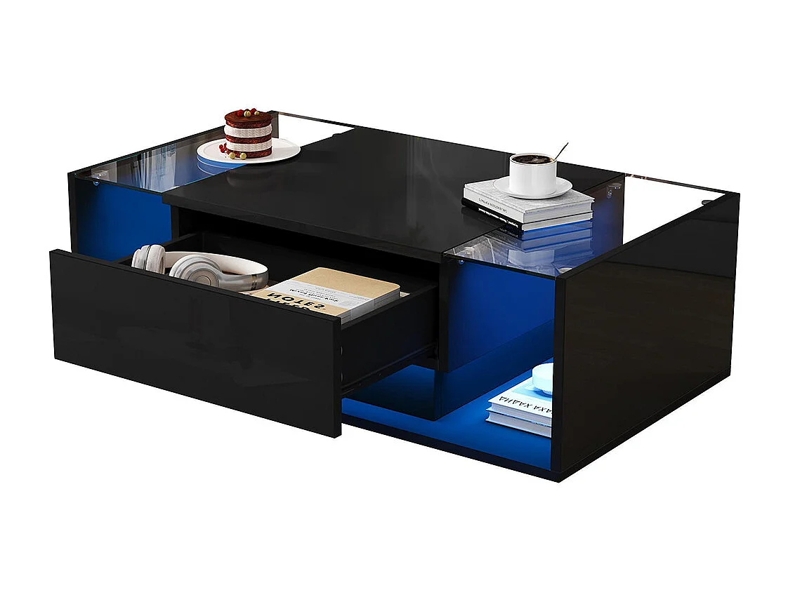 Table basse 1 tiroir LED bande lumineuse verre trempé brillante design minimaliste noir