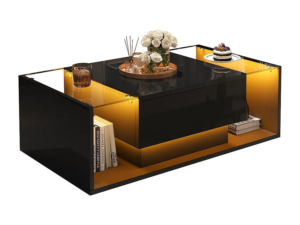 Table basse 1 tiroir LED bande lumineuse verre trempé brillante design minimaliste noir
