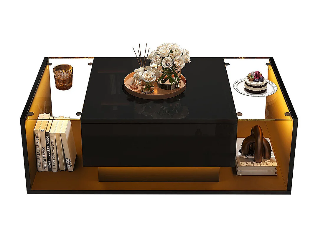 Table basse 1 tiroir LED bande lumineuse verre trempé brillante design minimaliste noir