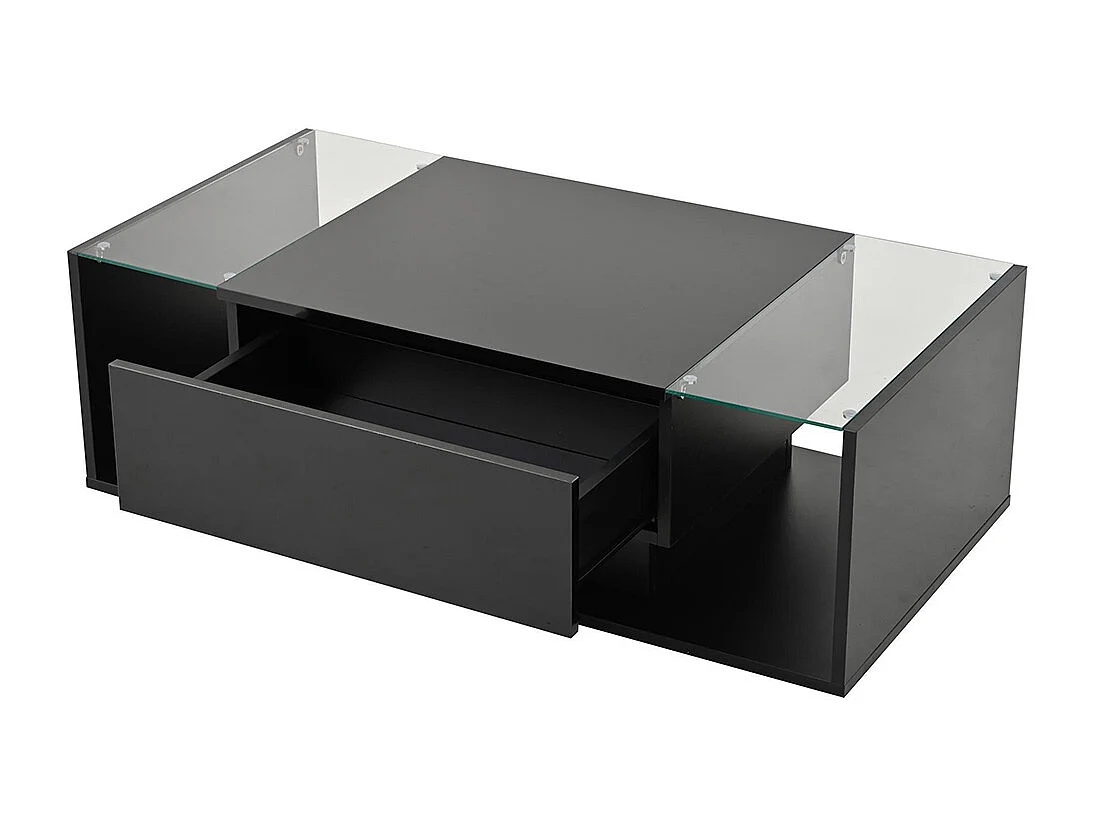 Table basse 1 tiroir LED bande lumineuse verre trempé brillante design minimaliste noir