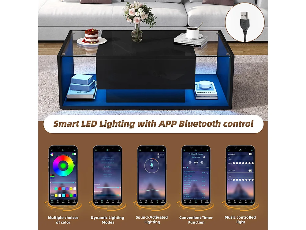Table basse 1 tiroir LED bande lumineuse verre trempé brillante design minimaliste noir