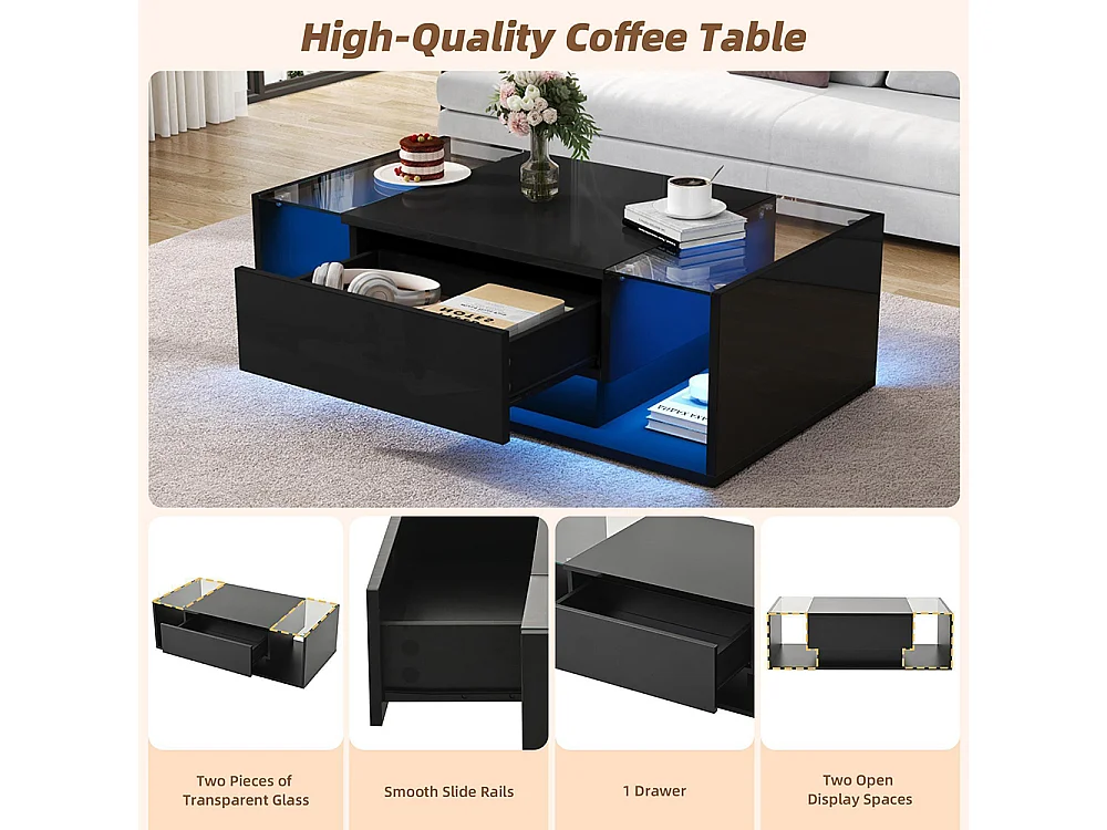 Table basse 1 tiroir LED bande lumineuse verre trempé brillante design minimaliste noir