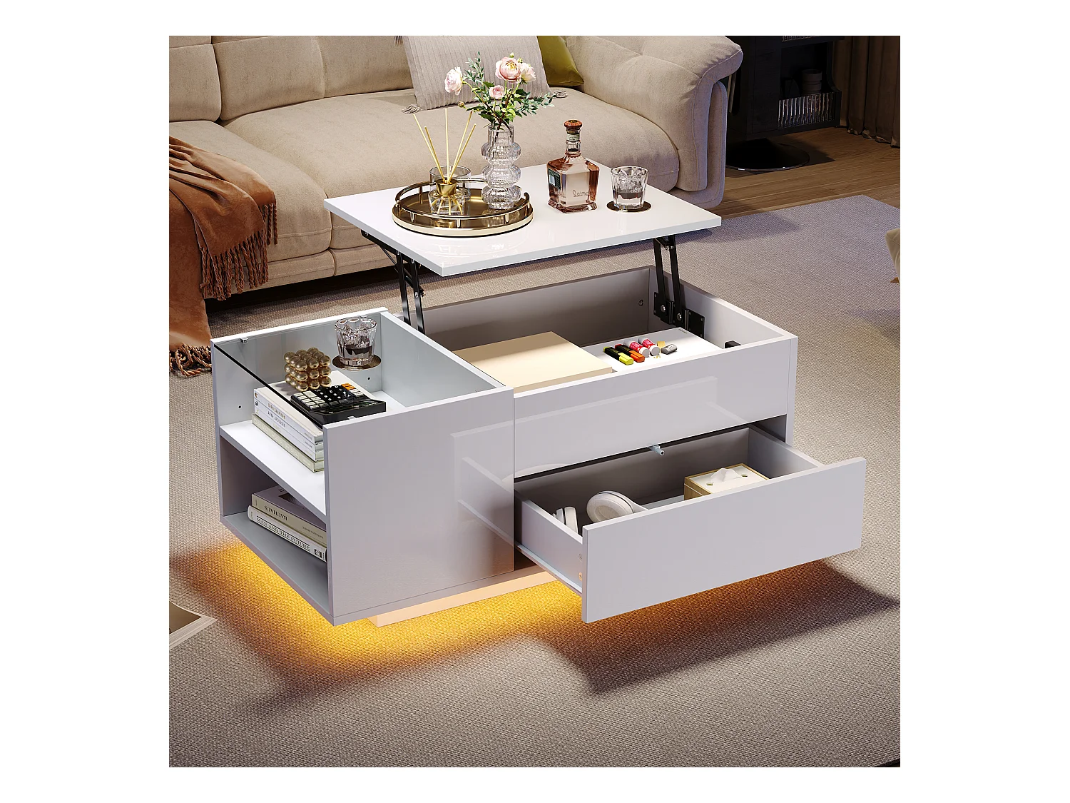 Table basse blanc avec plateau réglable en hauteur – Table basse avec éclairage LED et 1 tiroir – rangement ouvert
