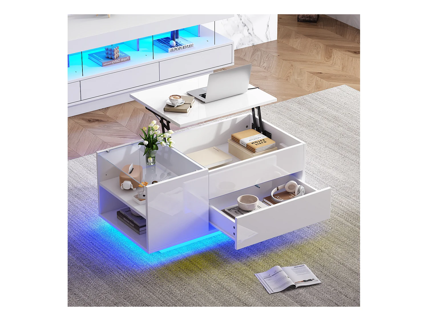 Table basse blanc avec plateau réglable en hauteur – Table basse avec éclairage LED et 1 tiroir – rangement ouvert