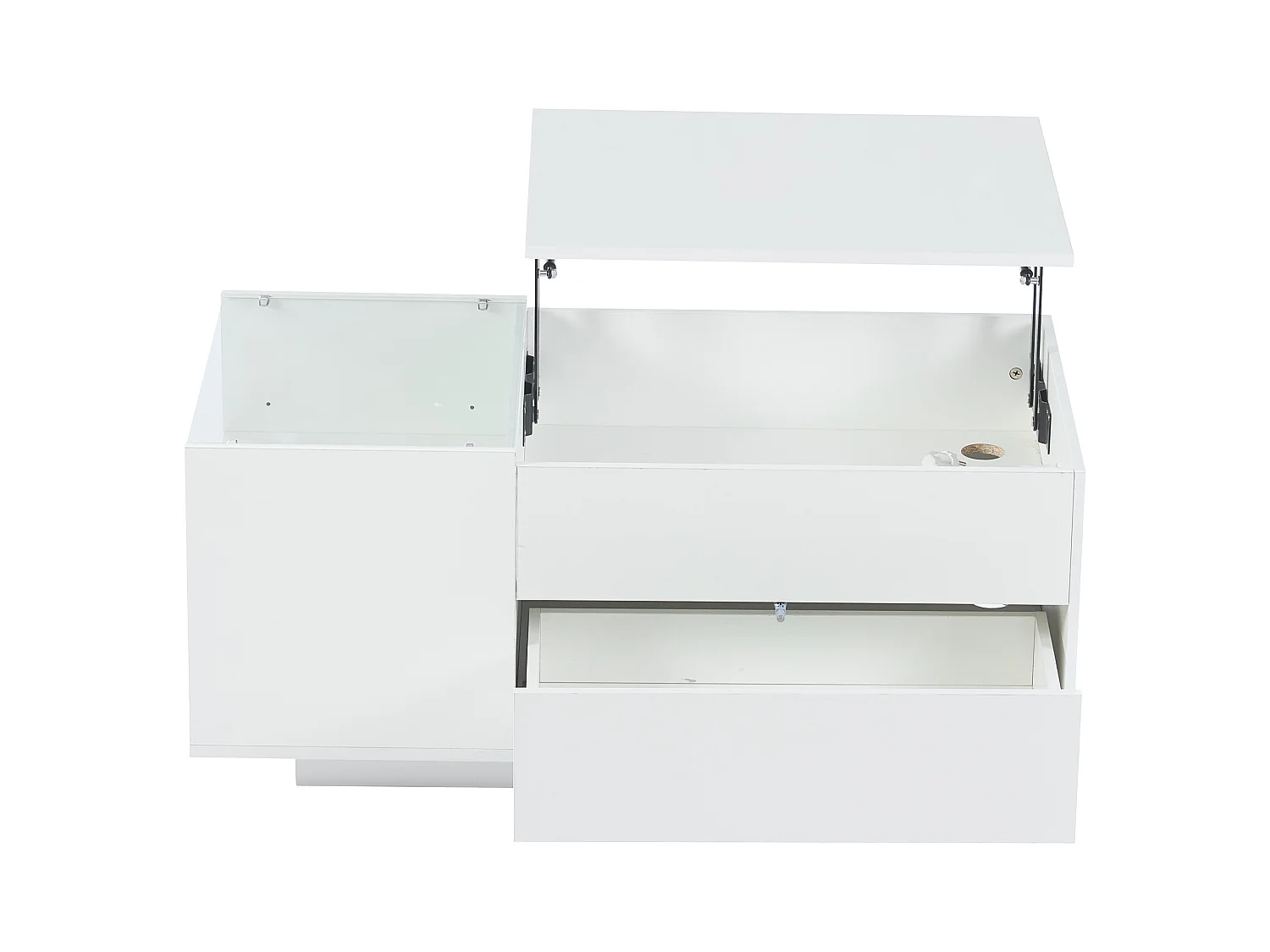 Table basse blanc avec plateau réglable en hauteur – Table basse avec éclairage LED et 1 tiroir – rangement ouvert