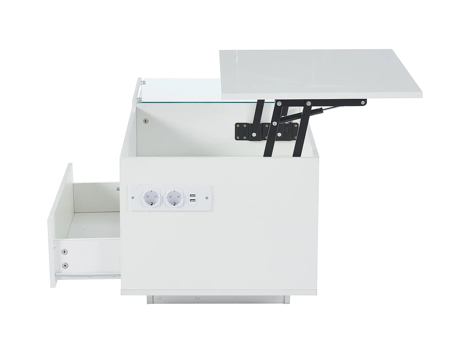 Table basse blanc avec plateau réglable en hauteur – Table basse avec éclairage LED et 1 tiroir – rangement ouvert