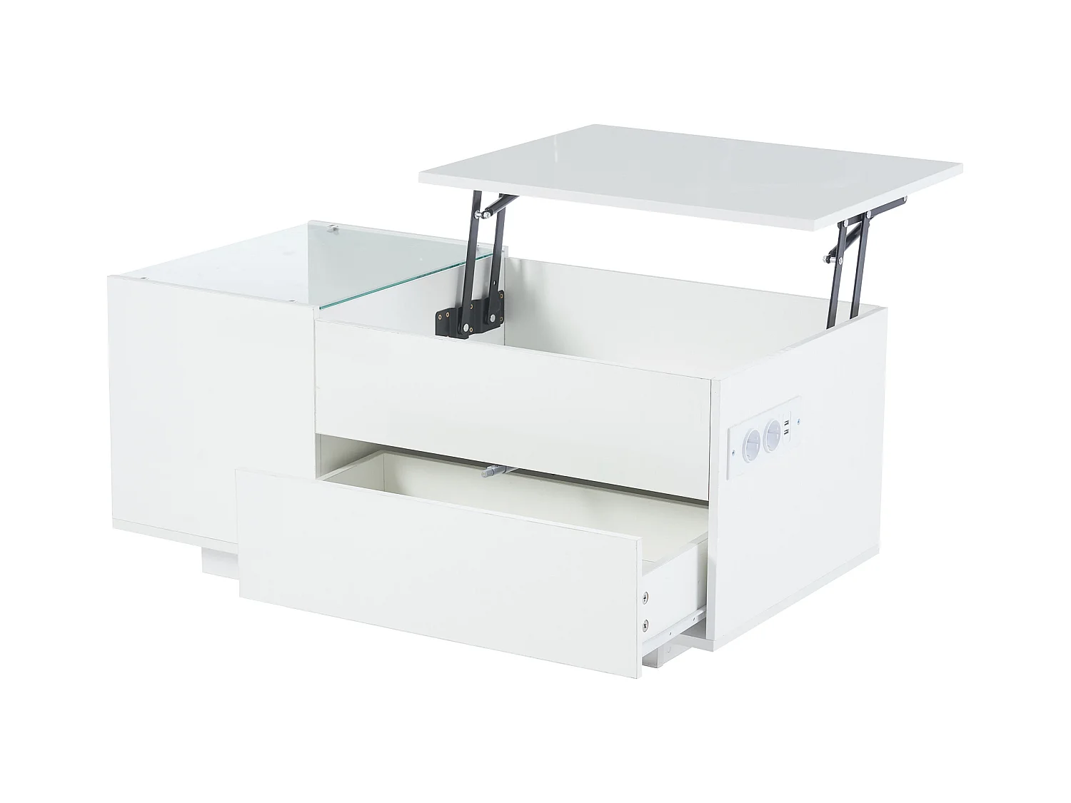 Table basse blanc avec plateau réglable en hauteur – Table basse avec éclairage LED et 1 tiroir – rangement ouvert