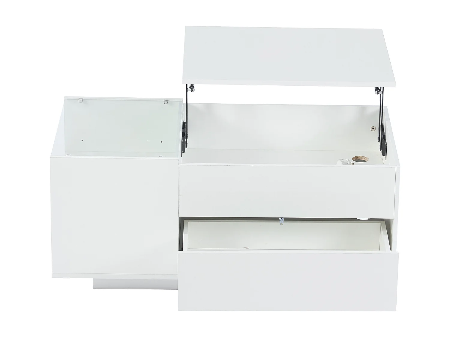 Biały stolik kawowy z regulowaną wysokością blatu - Stolik kawowy z oświetleniem LED i 1 szufladą - Otwarta przestrzeń do przechowywania