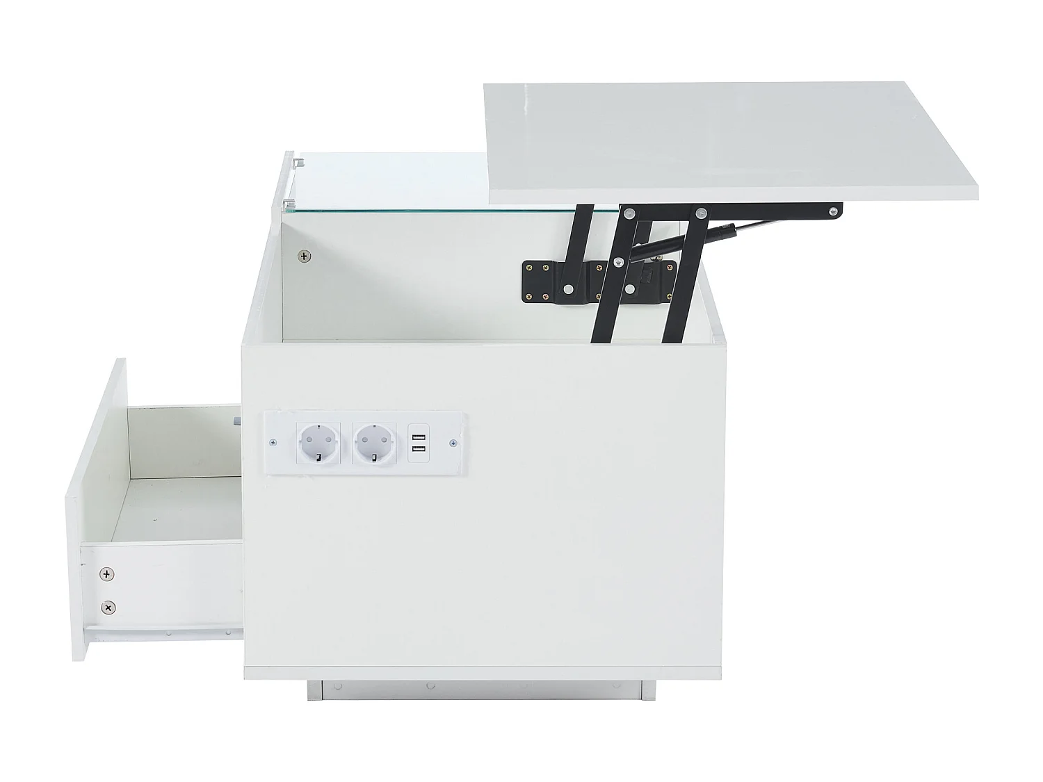 Biały stolik kawowy z regulowaną wysokością blatu - Stolik kawowy z oświetleniem LED i 1 szufladą - Otwarta przestrzeń do przechowywania