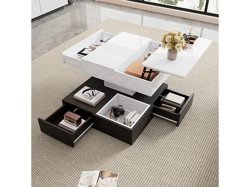 Schwarz-weißer quadratischer Couchtisch – Couchtisch mit 3 Schubladen und hochklappbarer Platte – offener stauraum