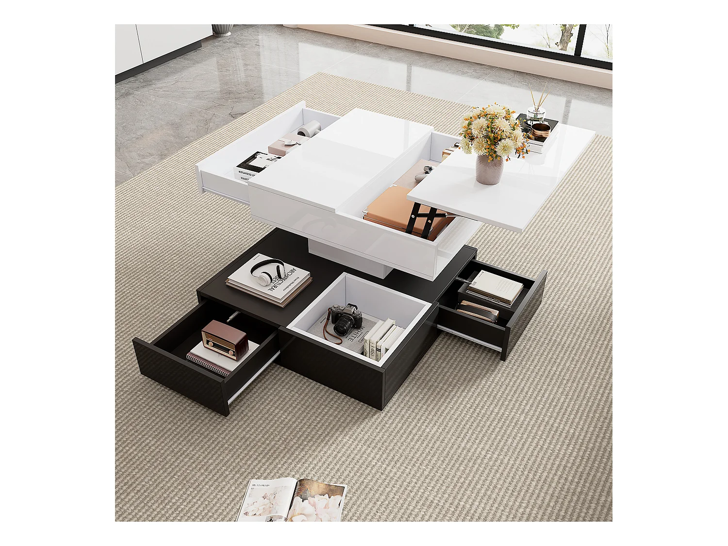 Table basse carrée noir et blanc - Table basse avec 3 tiroirs et plateau relevable - rangement ouvert