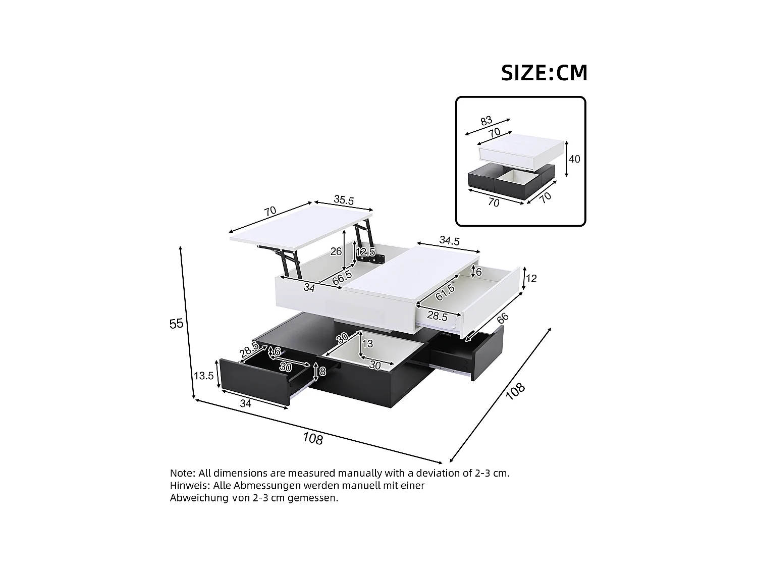 Table basse carrée noir et blanc - Table basse avec 3 tiroirs et plateau relevable - rangement ouvert