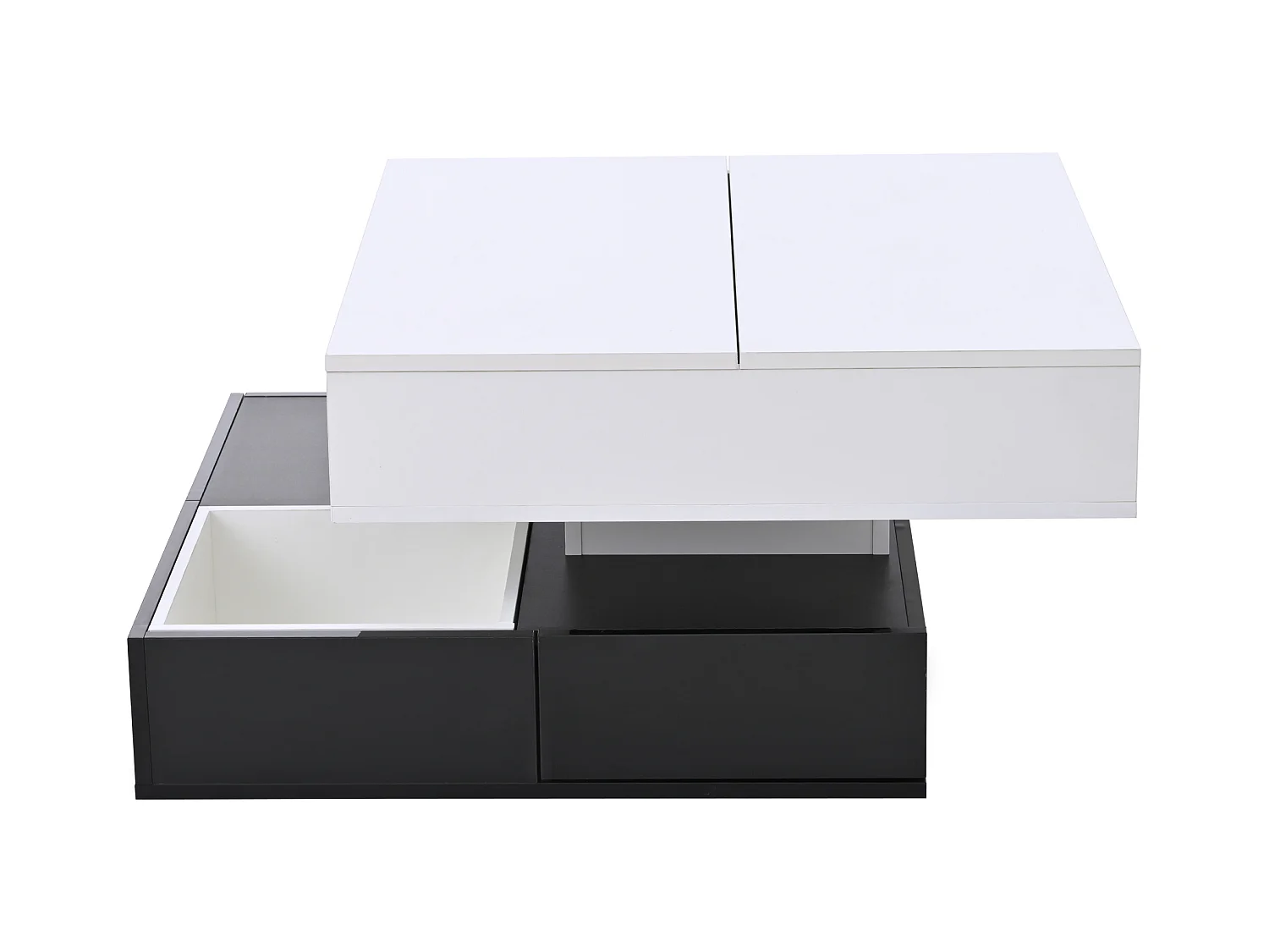 Table basse carrée noir et blanc - Table basse avec 3 tiroirs et plateau relevable - rangement ouvert