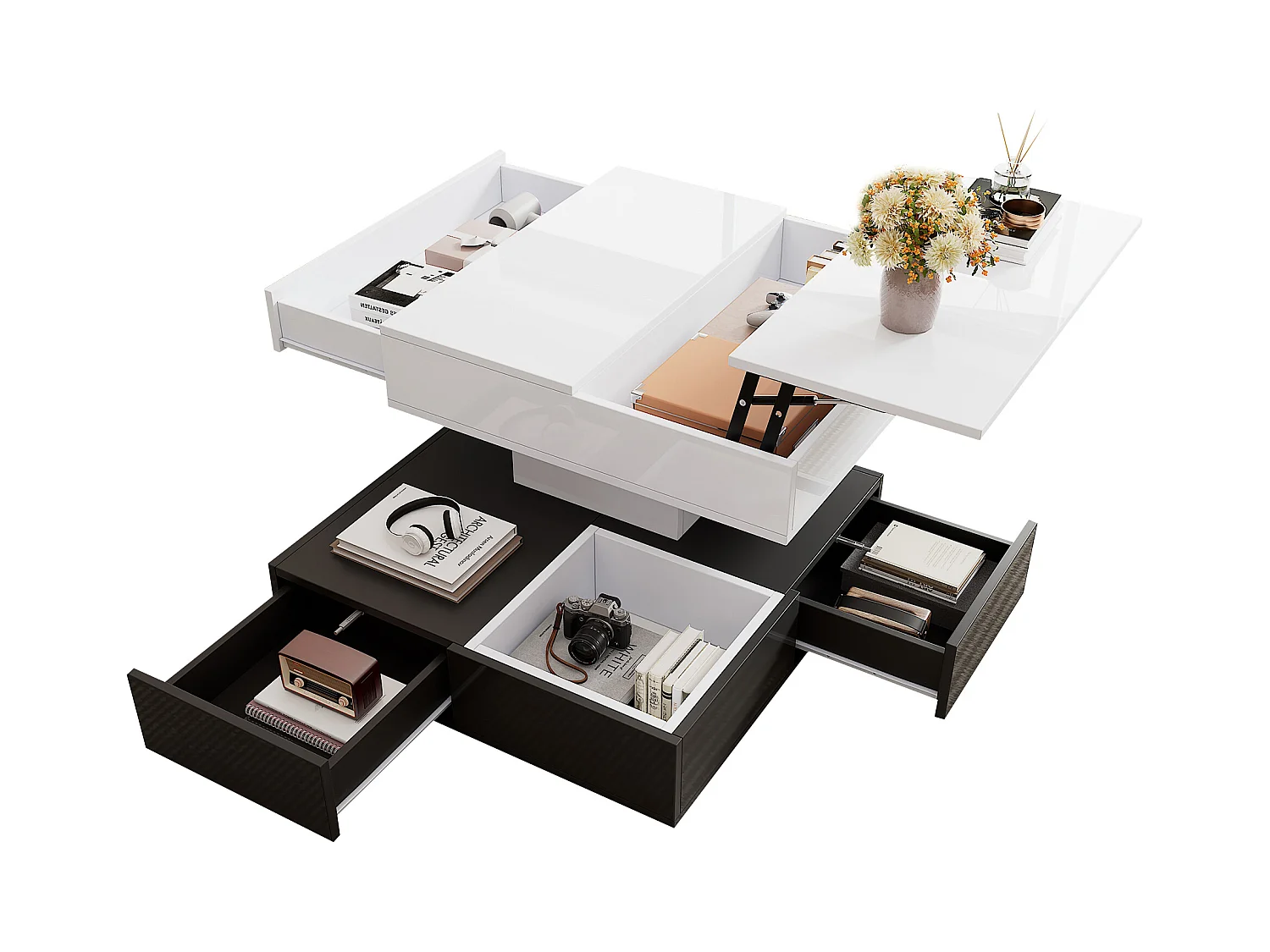 Table basse carrée noir et blanc - Table basse avec 3 tiroirs et plateau relevable - rangement ouvert