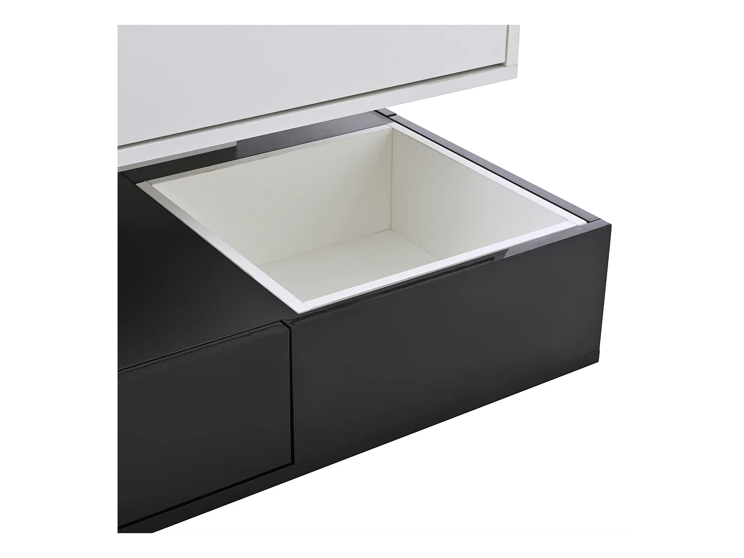 Table basse carrée noir et blanc - Table basse avec 3 tiroirs et plateau relevable - rangement ouvert