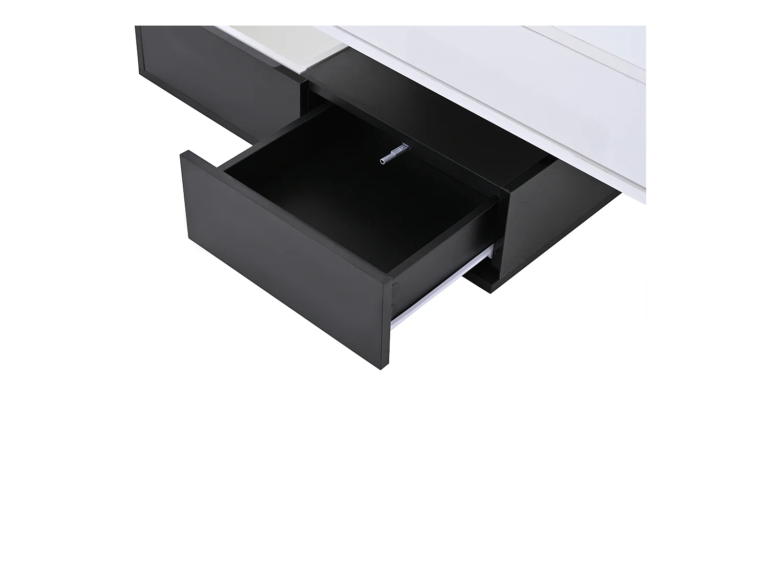 Table basse carrée noir et blanc - Table basse avec 3 tiroirs et plateau relevable - rangement ouvert