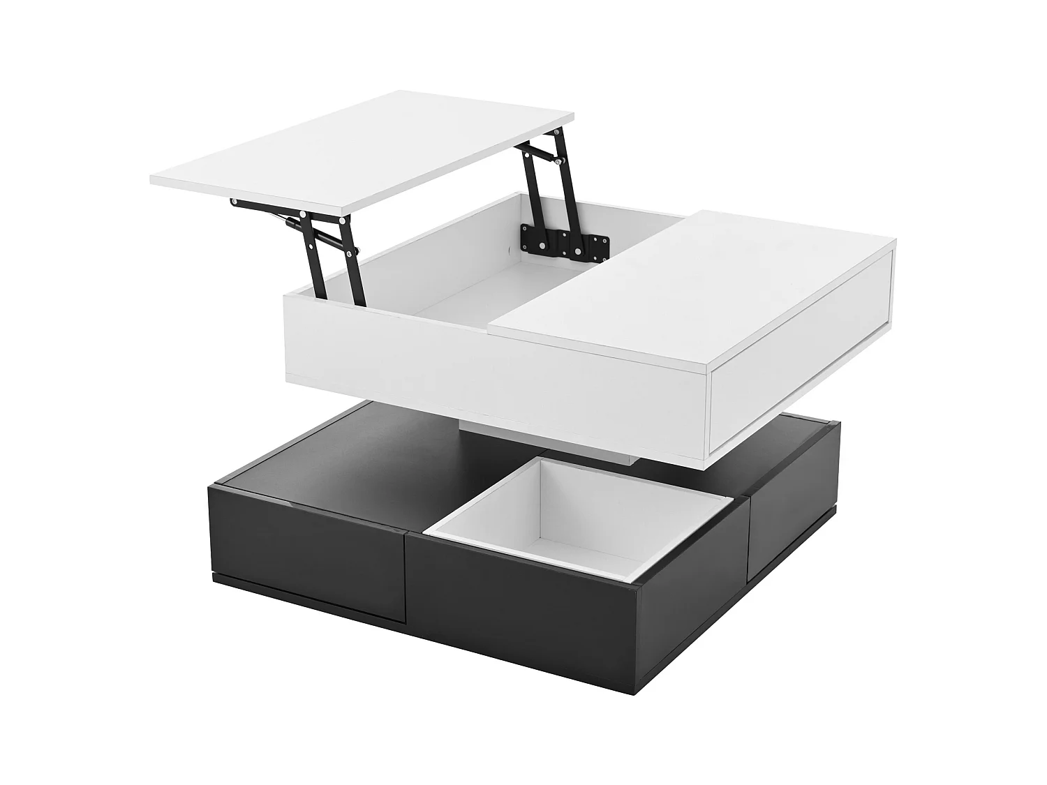 Table basse carrée noir et blanc - Table basse avec 3 tiroirs et plateau relevable - rangement ouvert