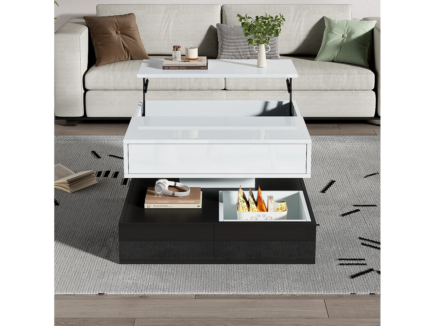 Table basse carrée noir et blanc - Table basse avec 3 tiroirs et plateau relevable - rangement ouvert