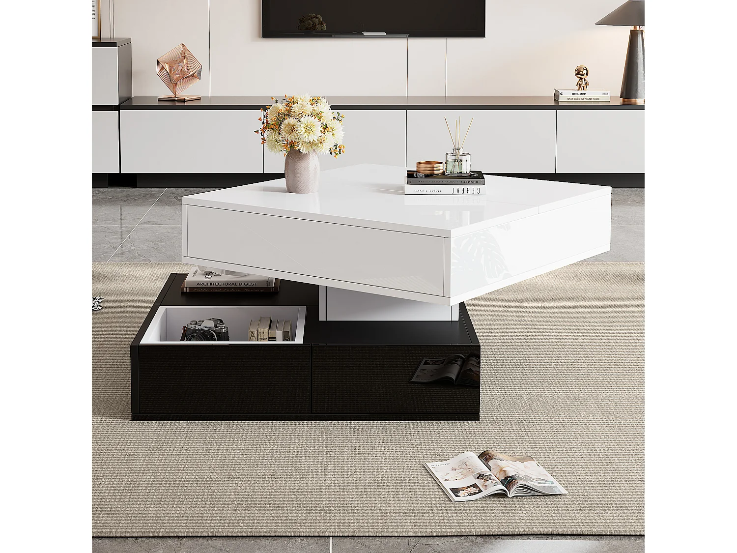 Table basse carrée noir et blanc - Table basse avec 3 tiroirs et plateau relevable - rangement ouvert