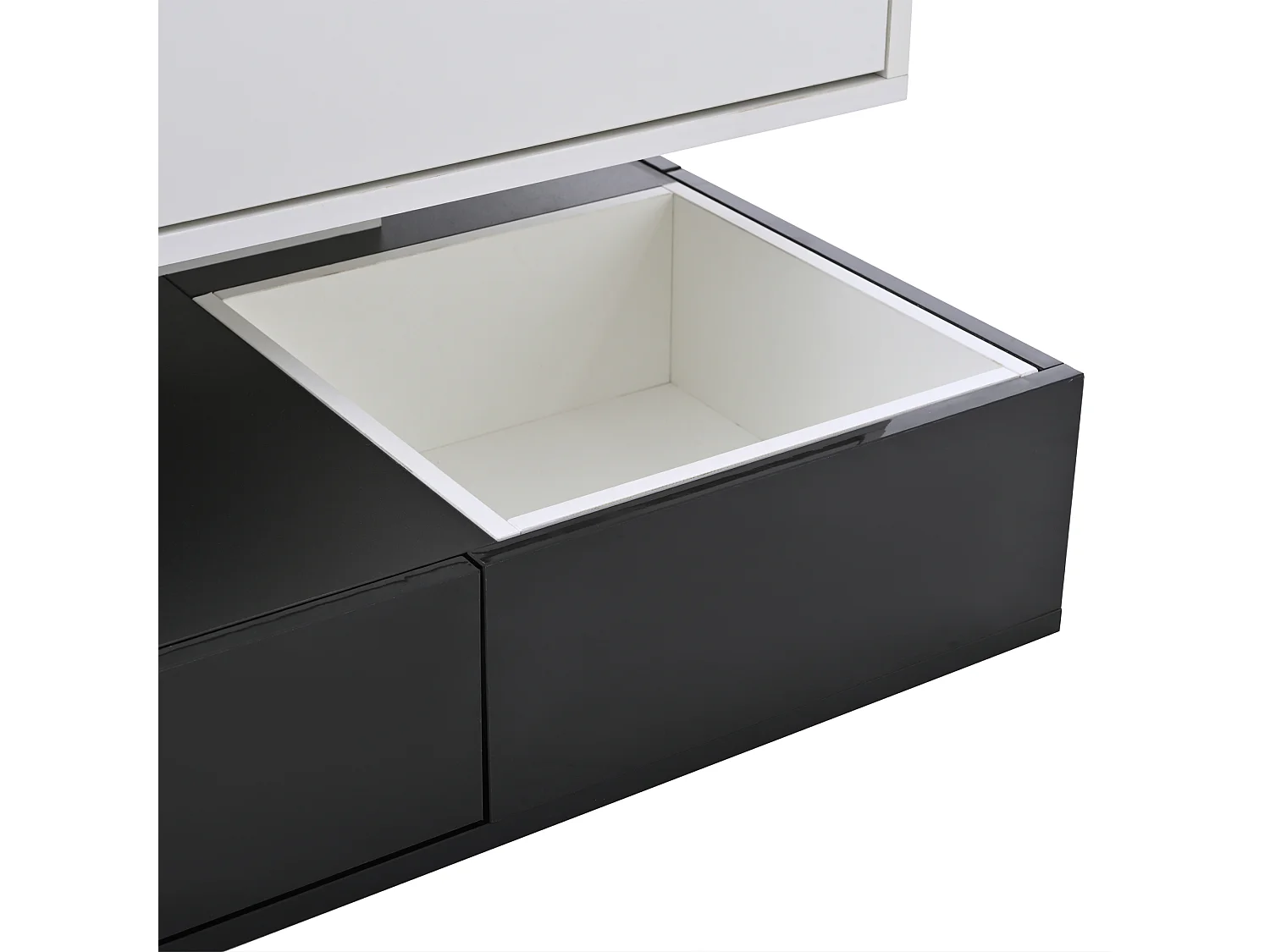 Table basse carrée noir et blanc - Table basse avec 3 tiroirs et plateau relevable - rangement ouvert