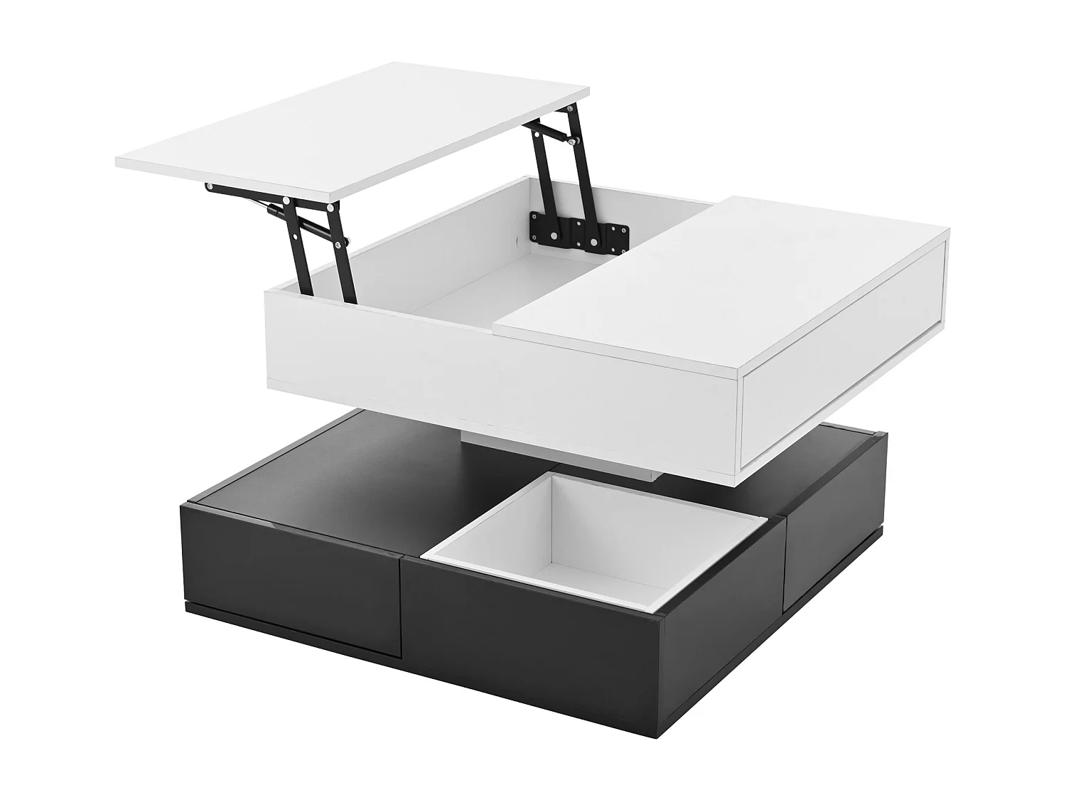 Table basse carrée noir et blanc - Table basse avec 3 tiroirs et plateau relevable - rangement ouvert