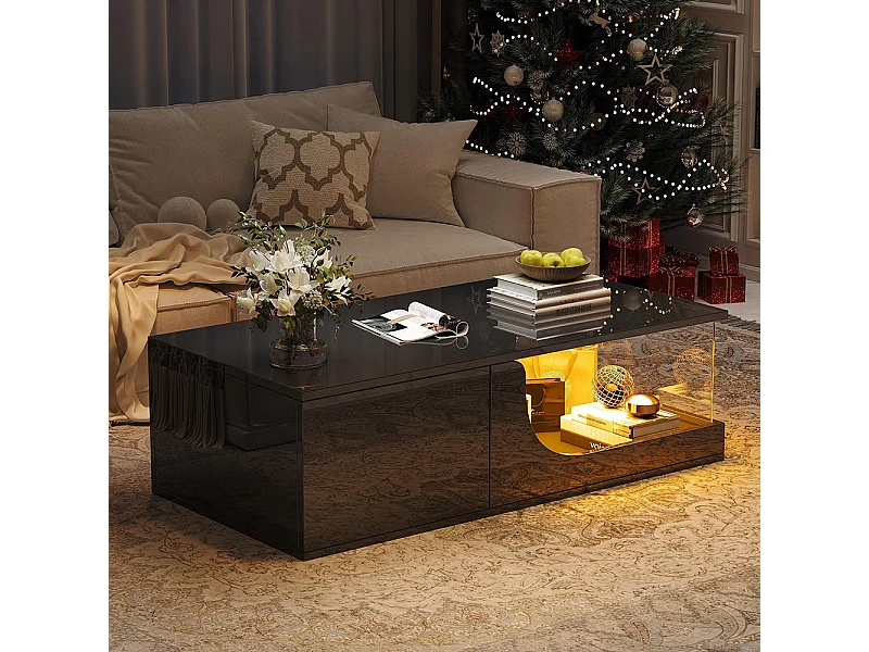 Table basse 2 tiroirs LED verre trempé design noir MDF brillante pour salon
