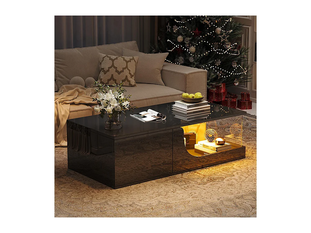 Table basse 2 tiroirs LED verre trempé design noir MDF brillante pour salon