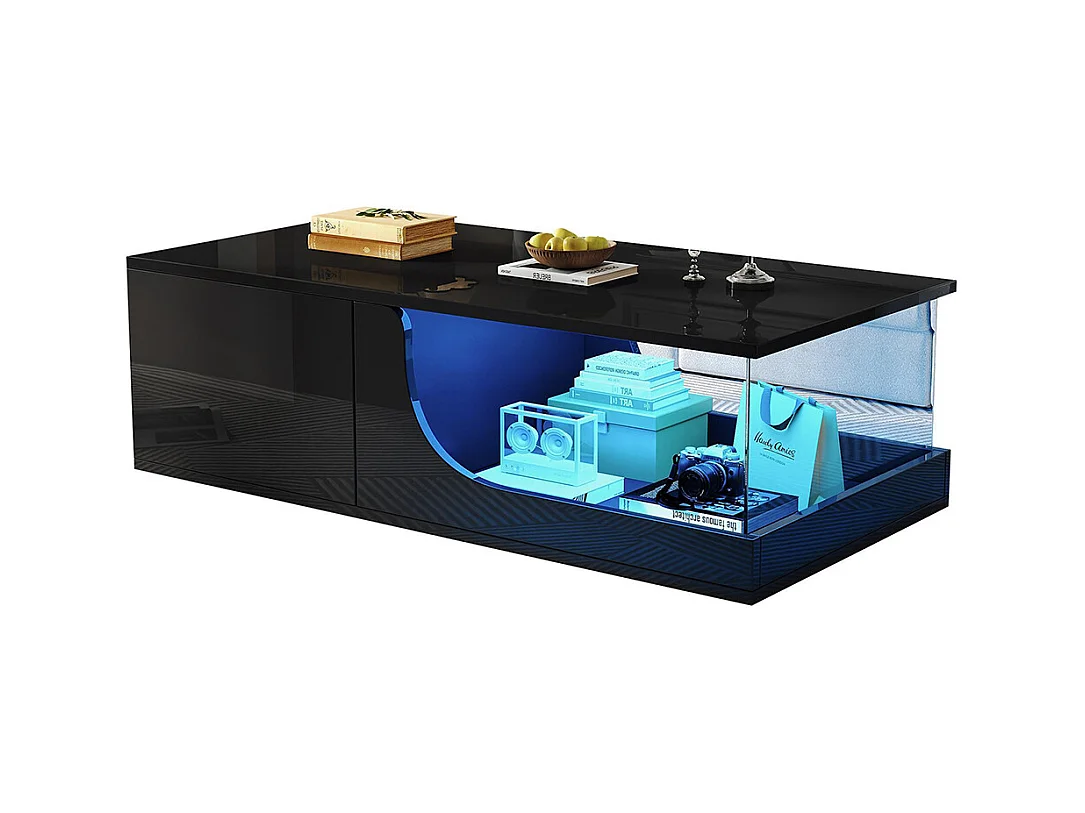 Table basse 2 tiroirs LED verre trempé design noir MDF brillante pour salon