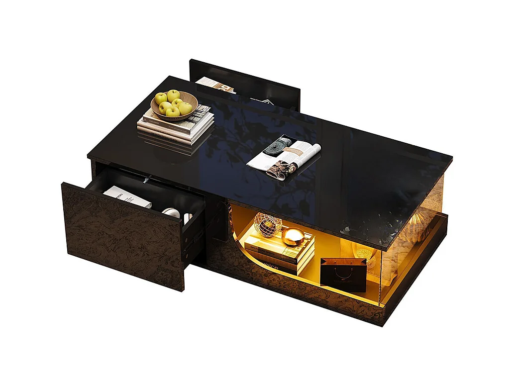 Table basse 2 tiroirs LED verre trempé design noir MDF brillante pour salon