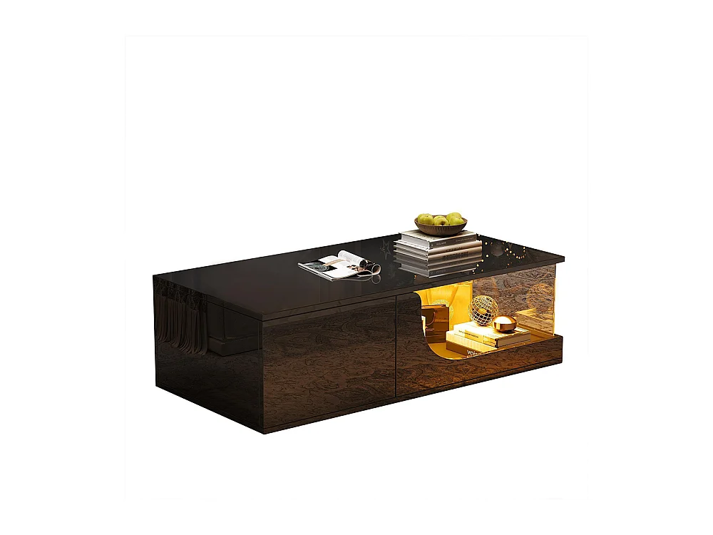 Table basse 2 tiroirs LED verre trempé design noir MDF brillante pour salon
