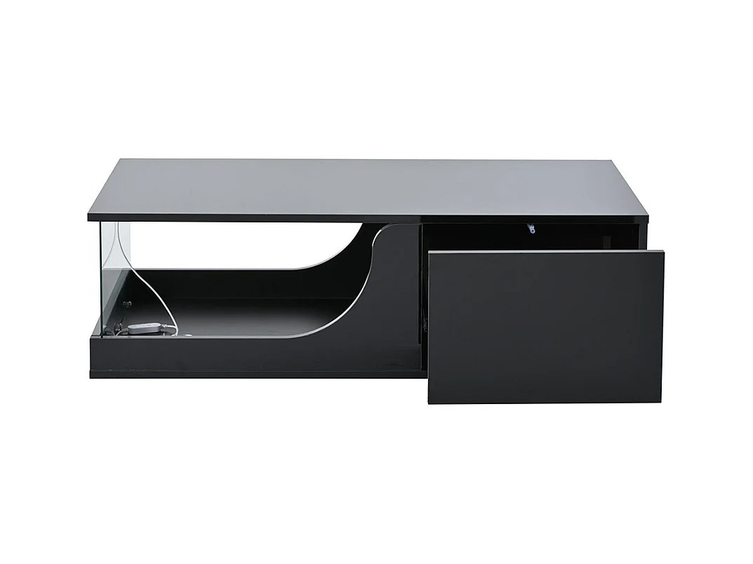 Table basse 2 tiroirs LED verre trempé design noir MDF brillante pour salon