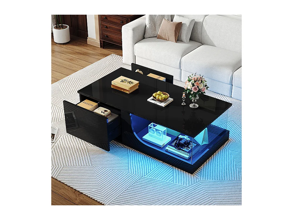 Table basse 2 tiroirs LED verre trempé design noir MDF brillante pour salon