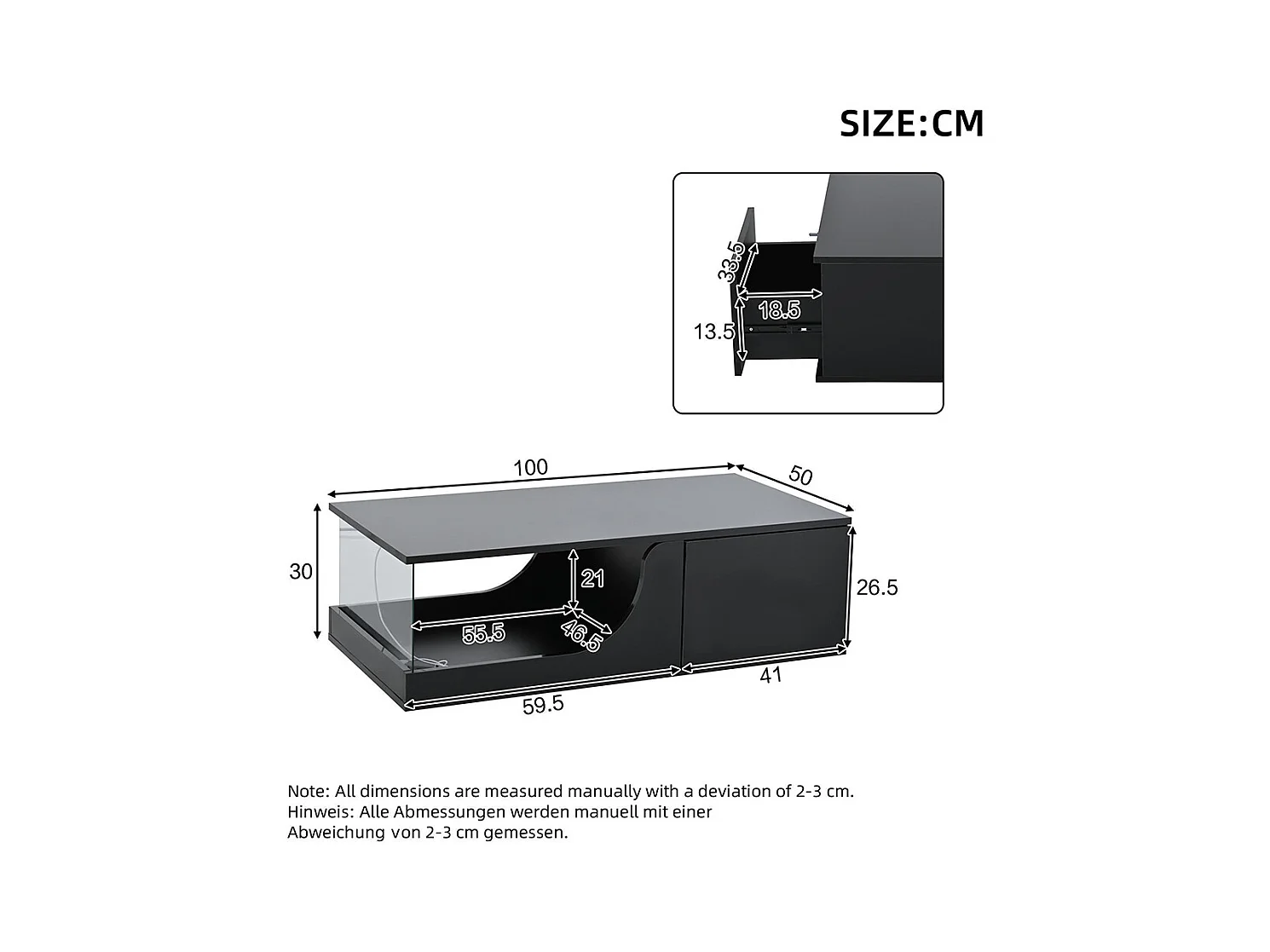 Table basse 2 tiroirs LED verre trempé design noir MDF brillante pour salon