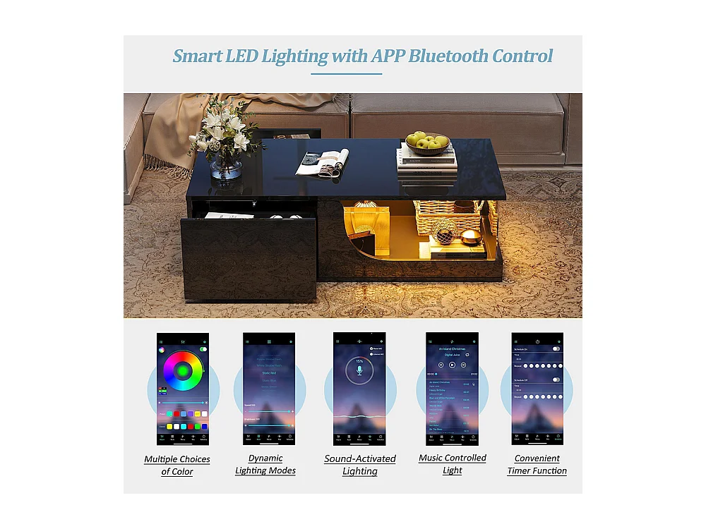 Table basse 2 tiroirs LED verre trempé design noir MDF brillante pour salon