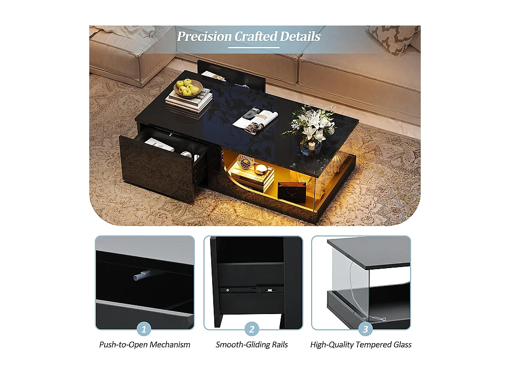 Table basse 2 tiroirs LED verre trempé design noir MDF brillante pour salon