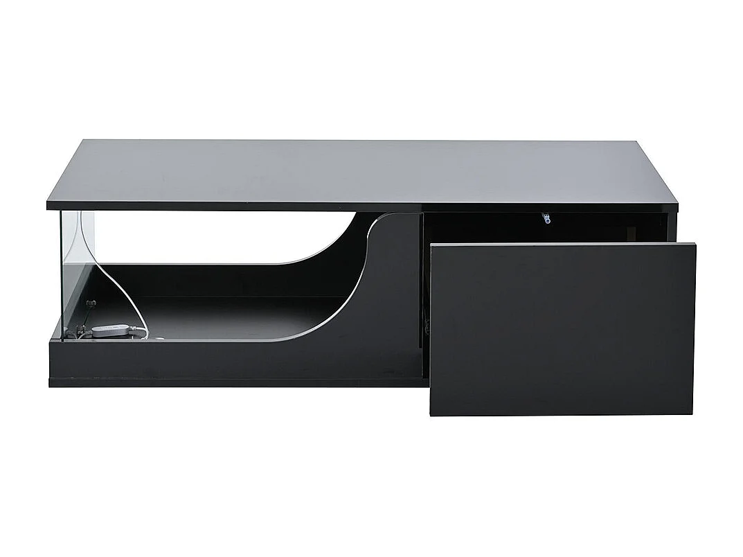 Table basse 2 tiroirs LED verre trempé design noir MDF brillante pour salon