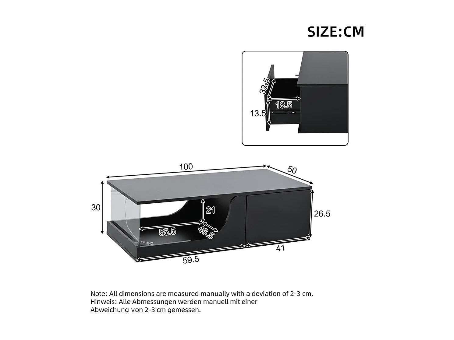 Table basse 2 tiroirs LED verre trempé design noir MDF brillante pour salon