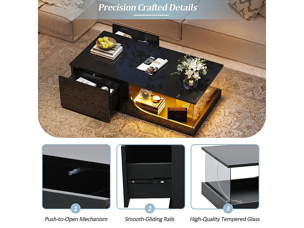 Table basse 2 tiroirs LED verre trempé design noir MDF brillante pour salon